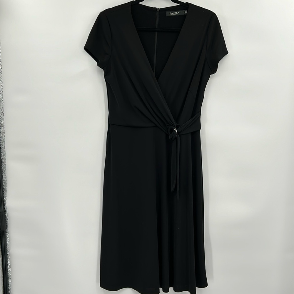 Lauren Ralph Lauren Womens Short-Sleeve Surplice Jersey Dress Size 6 Black LBD - Picture 2 of 10